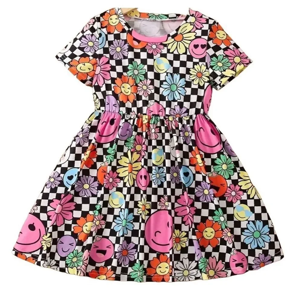 Girls Dress Checkered Smiley Face‎ Flower Print Short Sleeve Casual Party